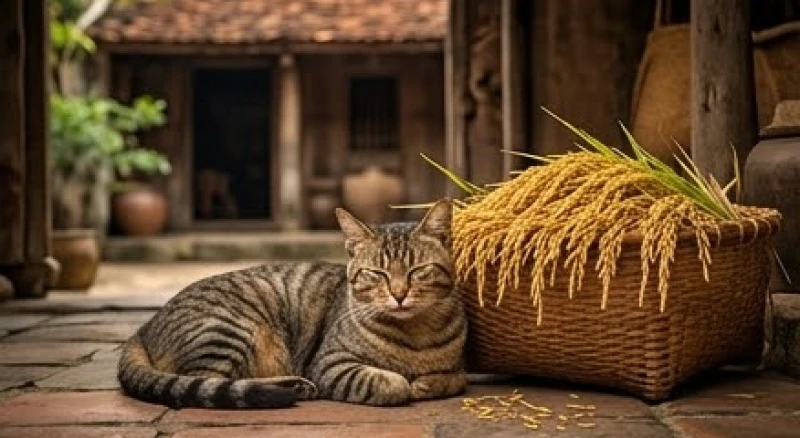 Một chú mèo mướp nằm cuộn tròn bình yên cạnh đống lúa vàng óng trong sân nhà nông thôn