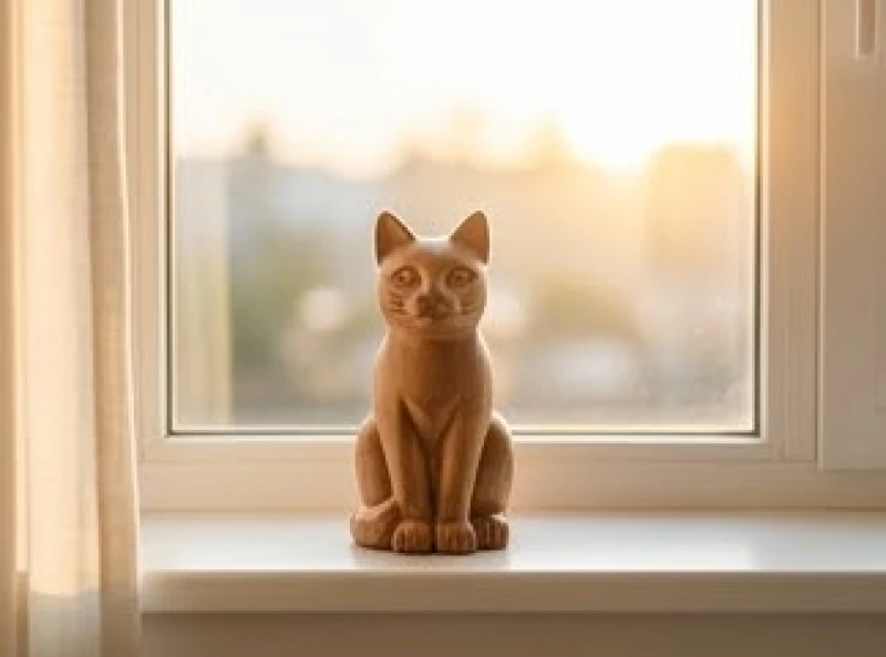 Ánh nắng ban mai chiếu vào bức tượng mèo nhỏ bằng gỗ đặt bên ô cửa sổ đang hé mở