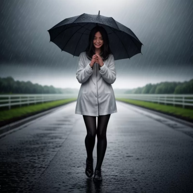 Con người đứng giữa cơn mưa sấm sét với khuôn mặt vui vẻ