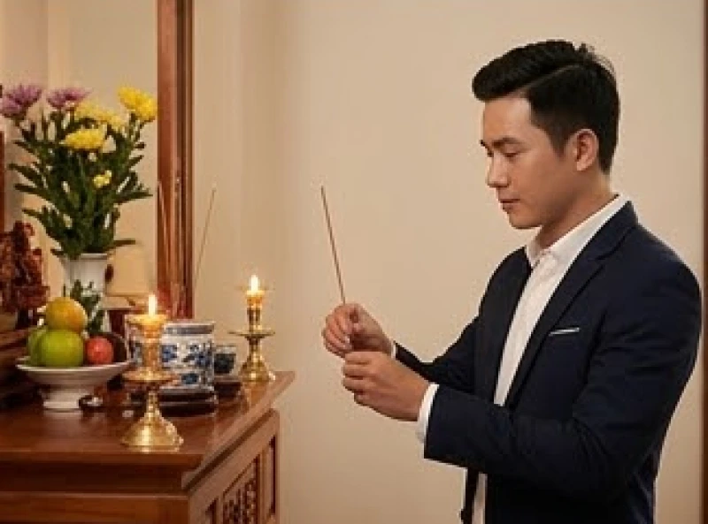 Người con rể kính cẩn dâng nén nhang lên ban thờ nhà vợ trong ngày giỗ chung của đại gia đình