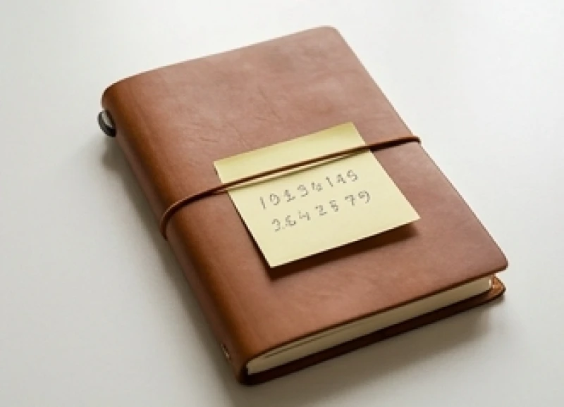 Tờ giấy note nhỏ ghi chú những con số may mắn được kẹp gọn gàng vào giữa cuốn sổ tay bìa da