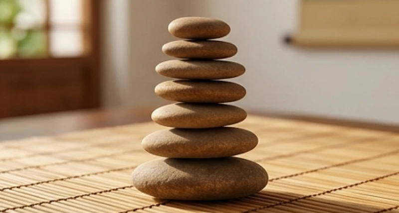 Tám viên đá cuội phong thủy màu nâu đất xếp chồng lên nhau tượng trưng cho năng lượng tương sinh