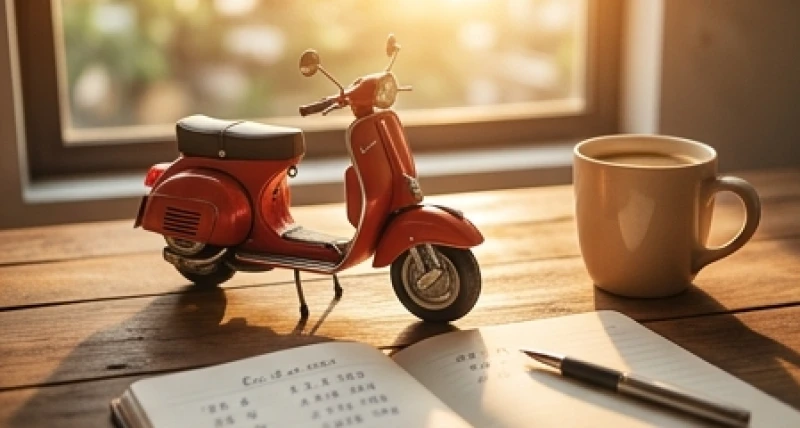 Cuốn sổ tay ghi chép các con số may mắn bên cạnh một mô hình xe máy nhỏ gọn trên bàn làm việc