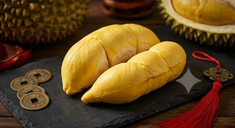 Những múi sầu riêng căng mọng được đặt cạnh các vật phẩm phong thủy tượng trưng cho sự may mắn