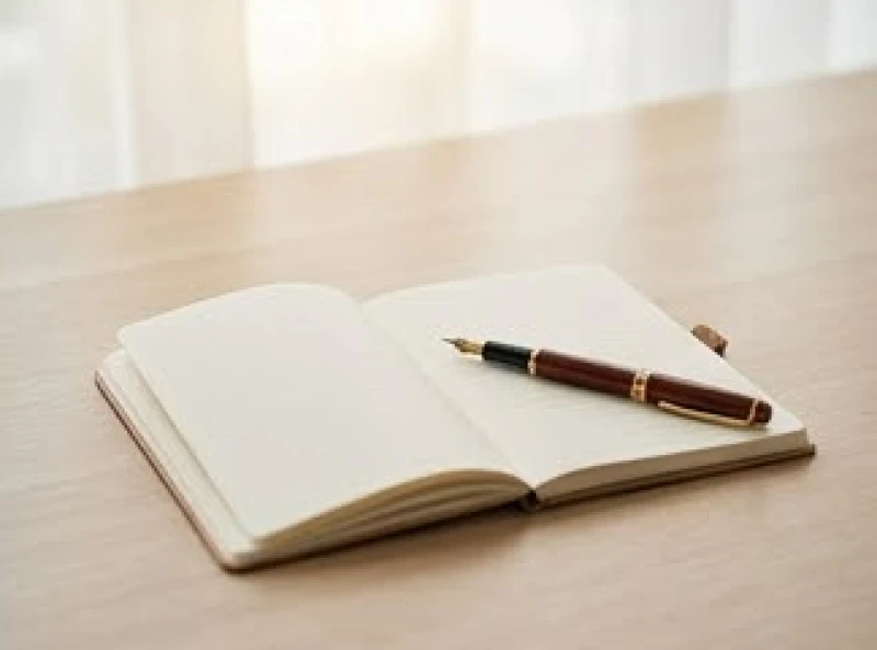 Một cuốn sổ tay nhỏ mở sẵn trên mặt bàn gỗ cùng cây bút mực dùng để ghi chép chi tiết giấc mơ