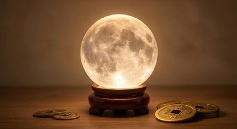 Quả cầu phong thủy tỏa sáng nhẹ nhàng bên cạnh những đồng tiền xu cổ tượng trưng cho sự may mắn và tài lộc.