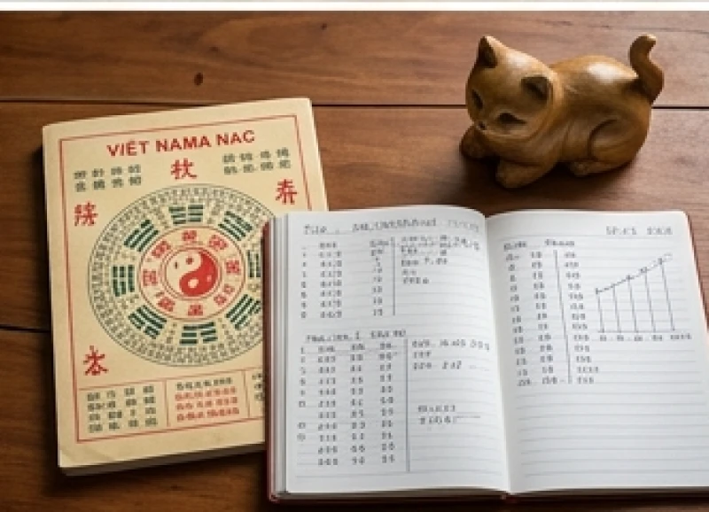 Mơ thấy đàn mèo: Giải mã điềm báo tâm linh & bộ số phong thủy 9 Những cuốn sổ tay ghi chép số học và con giáp đặt ngay ngắn cạnh một bức tượng mèo phong thủy