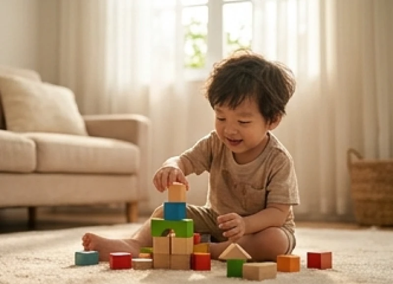 Cậu bé vui đùa với đồ chơi trong phòng khách mang lại cảm giác bình yên cho cha mẹ