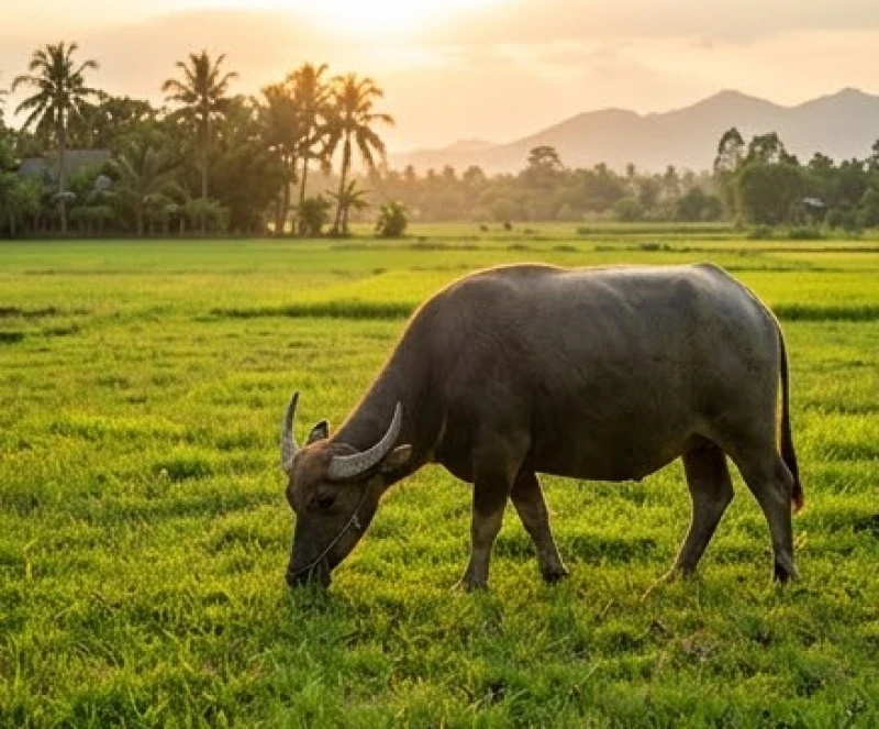 Mơ thấy chăn trâu: Điềm báo sự nghiệp và cách hóa giải rủi ro 1 Con trâu béo khỏe đang gặm cỏ trên cánh đồng rộng lớn đại diện cho sự cần cù và nền tảng cơ nghiệp