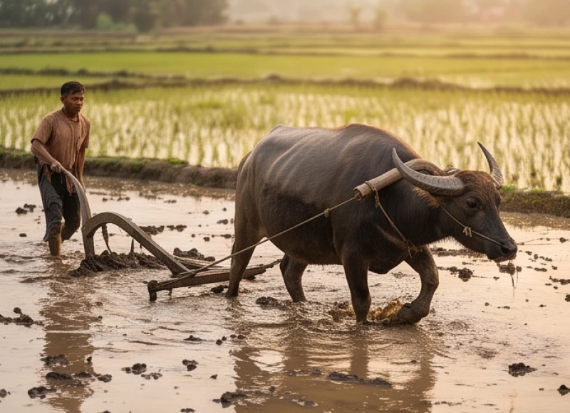 Chú trâu vạm vỡ đang cúi đầu chăm chỉ kéo cày trên thửa ruộng lúa nước ngập bùn