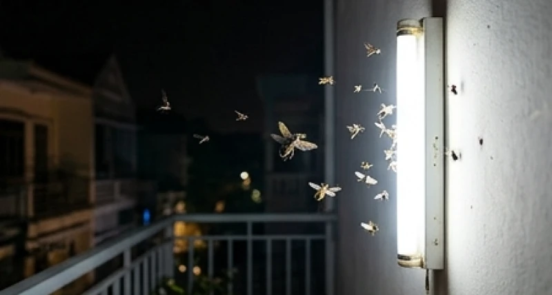 Côn trùng vào nhà là điềm gì: Giải mã điềm báo & cách xử lý 3 Hàng chục con bọ nhỏ đang bay quanh một chiếc bóng đèn huỳnh quang tỏa ánh sáng trắng ngoài ban công