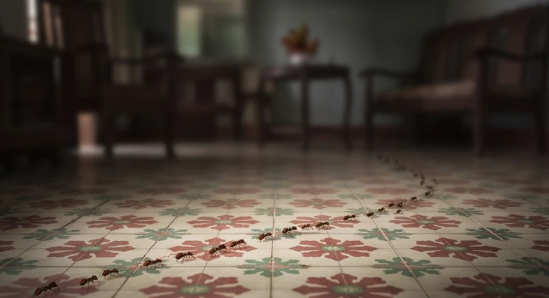 Những đàn kiến nhỏ bò thành hàng dài trên sàn gạch hoa văn truyền thống