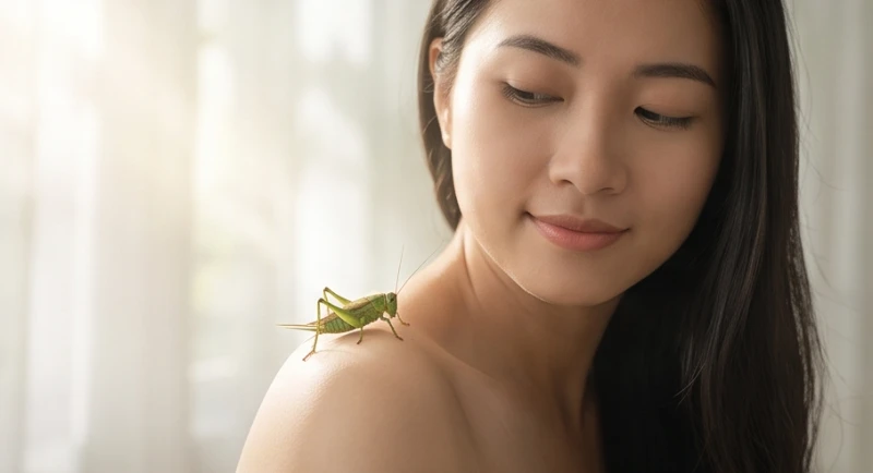 Một con dế mèn nhỏ nhắn đang đậu nhẹ nhàng trên bờ vai của một cô gái