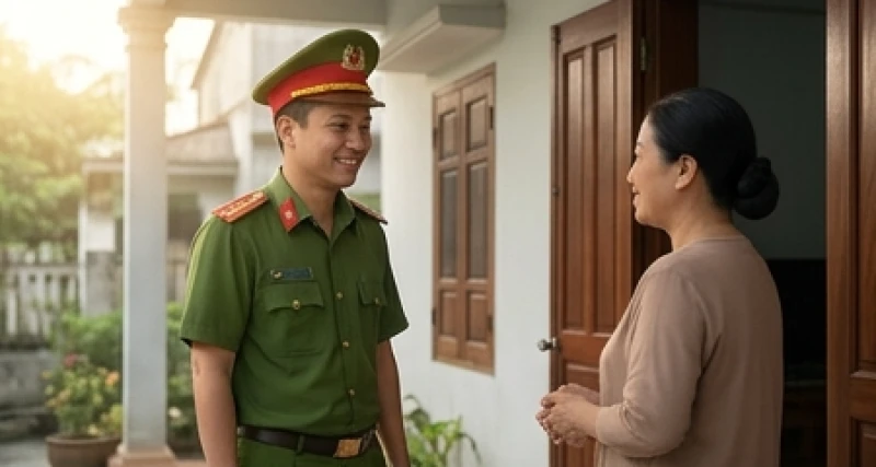 Viên công an mỉm cười thân thiện khi gõ cửa một gia đình mang lại cảm giác bình an và may mắn