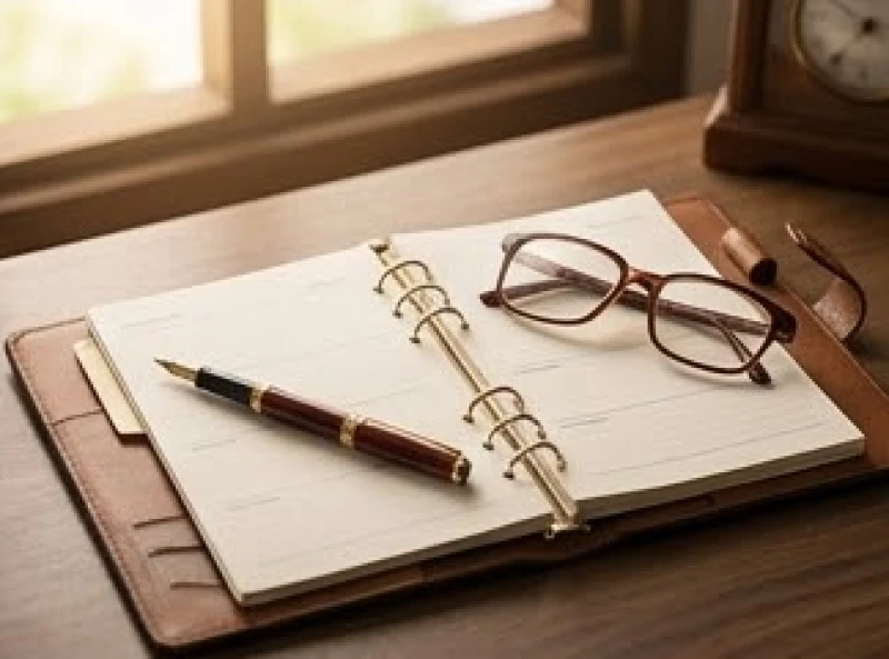 Sổ tay ghi chép kế hoạch kinh doanh và chiếc bút mực đặt trên bàn làm việc của nam mạng Giáp Tuất