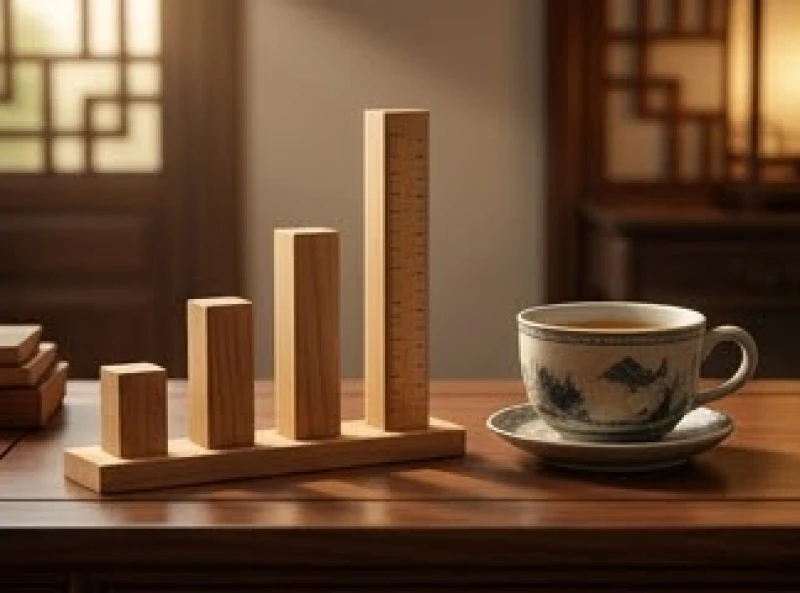 Tài lộc tuổi Mùi: Bản đồ dòng tiền 2026 và vị trí chiêu tài 2 Biểu đồ tăng trưởng bằng gỗ đặt cạnh tách trà gốm sứ thể hiện cơ hội thăng tiến vững chắc trong công việc