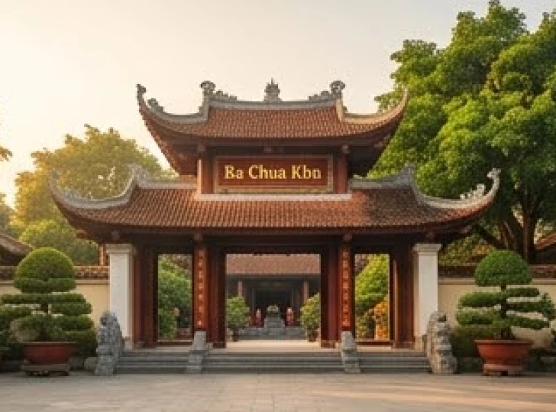 Toàn cảnh không gian linh thiêng tại cổng Đền Bà Chúa Kho với kiến trúc đền chùa truyền thống uy nghi