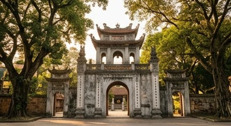 Cổng tam quan đền Quán Thánh cổ kính uy nghi nằm tĩnh lặng bên cạnh hồ Tây dưới bóng cây cổ thụ rợp mát
