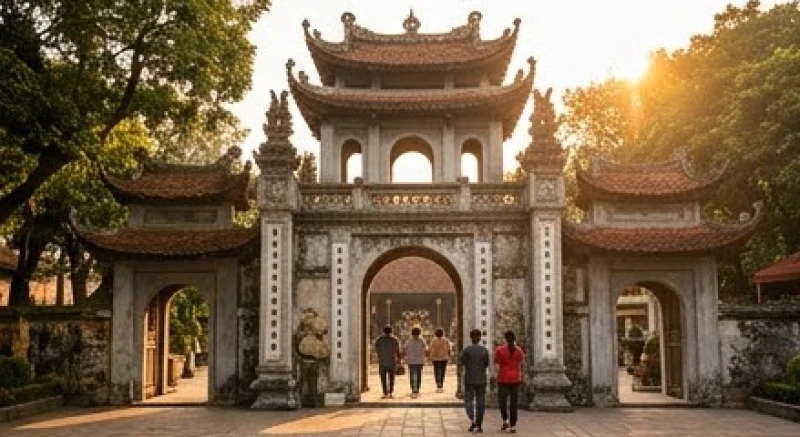 Văn khấn Huyền Thiên Trấn Vũ: Bài khấn chuẩn và nghi thức dâng lễ 1 Toàn cảnh cổng đền Quán Thánh cổ kính dưới ánh nắng vàng, nơi người dân đến dâng hương cầu an.