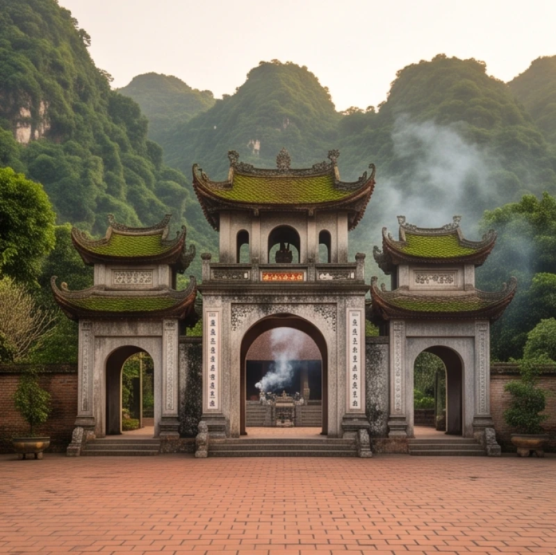 Toàn cảnh sân gạch và cổng tam quan cổ kính của Đền Thượng Lào Cai nhuốm màu thời gian
