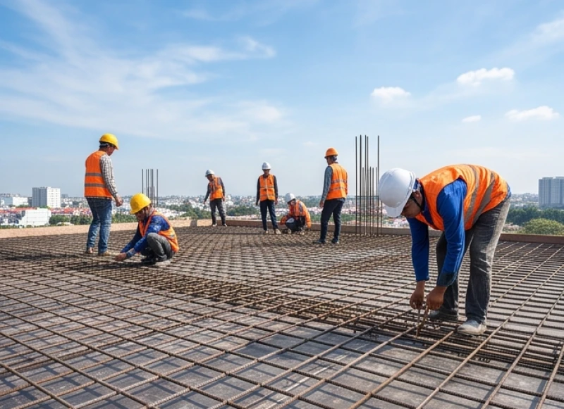 Công nhân đang tất bật hoàn thiện những công đoạn cuối cùng trước khi tiến hành đổ mái nhà