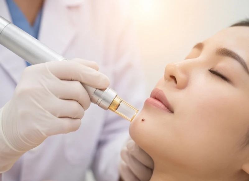 Nốt ruồi ở cằm nam và nữ: Ý nghĩa tướng số và lưu ý y khoa 9 Tia sáng laser siêu nhỏ đang tác động trực tiếp vào nốt ruồi trên bề mặt da