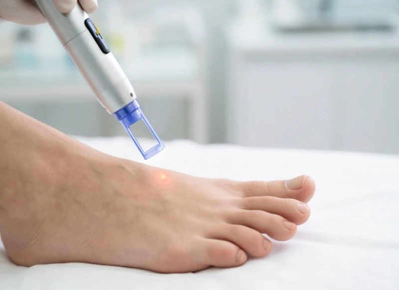 Thiết bị tia laser y tế hiện đại đang hướng vào một đốm sắc tố nhỏ trên bàn chân trong không gian phòng khám
