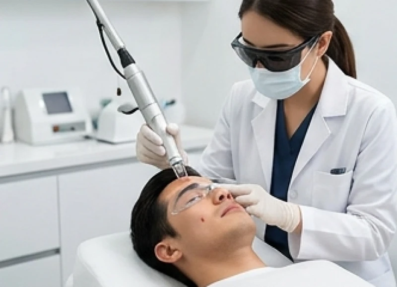 Quá trình bác sĩ da liễu dùng công nghệ Laser CO2 an toàn để xử lý nốt ruồi trên mặt