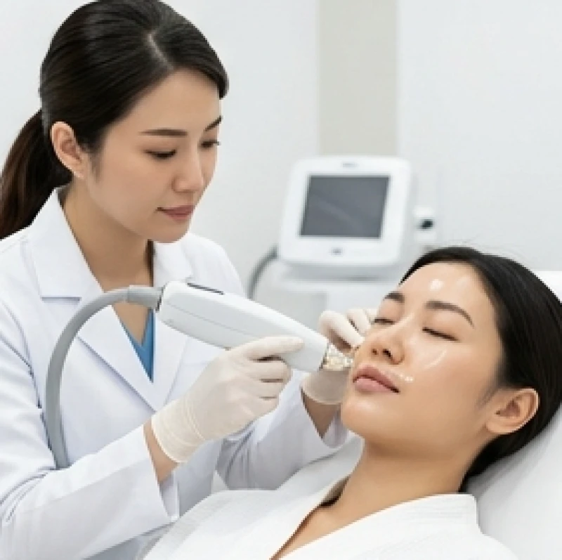 Bác sĩ da liễu đang sử dụng máy Laser Fractional CO2 để điều trị vùng sẹo lõm nhân trung