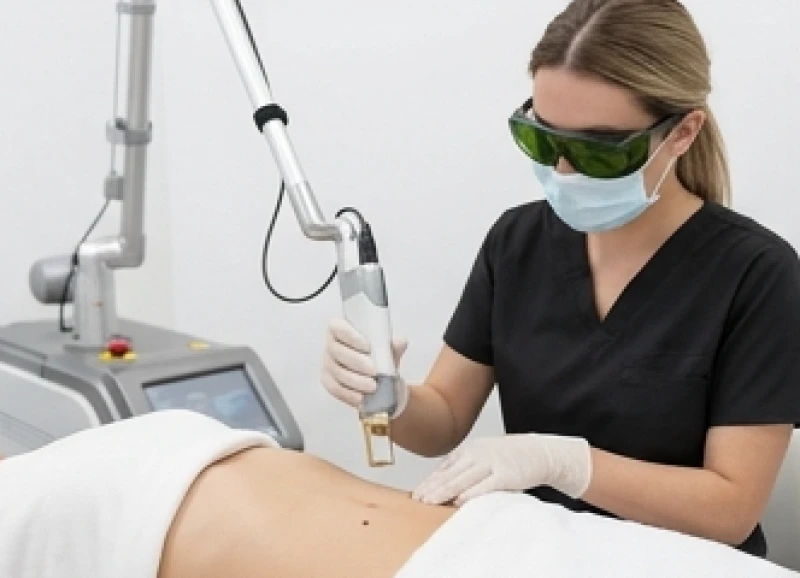 Kỹ thuật viên thao tác máy laser CO2 hiện đại để xóa bỏ nốt ruồi sần sùi ở vùng bụng một cách an toàn