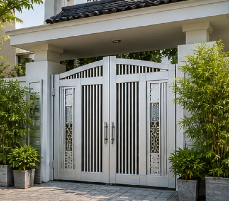 Cổng nhà sơn màu trắng bạc với thiết kế kim loại sang trọng dành cho người mệnh Kim