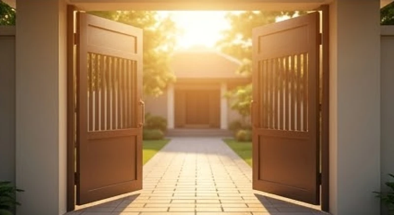 Mơ thấy cổng nhà: Giải mã điềm báo, ý nghĩa phong thủy & bộ số 5 Cánh cổng nhà mở toang với ánh sáng ấm áp chiếu vào lối đi đón khách