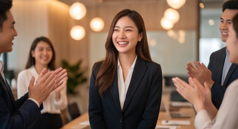 Nữ nhân viên mỉm cười tự hào khi nhận được sự tán thưởng nồng nhiệt từ những người đồng nghiệp