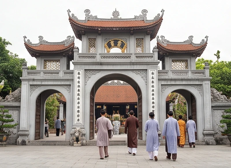 Người hành hương mặc áo tràng lam đi qua lối cửa phụ bên phải của cổng Tam Quan để vào sân chùa