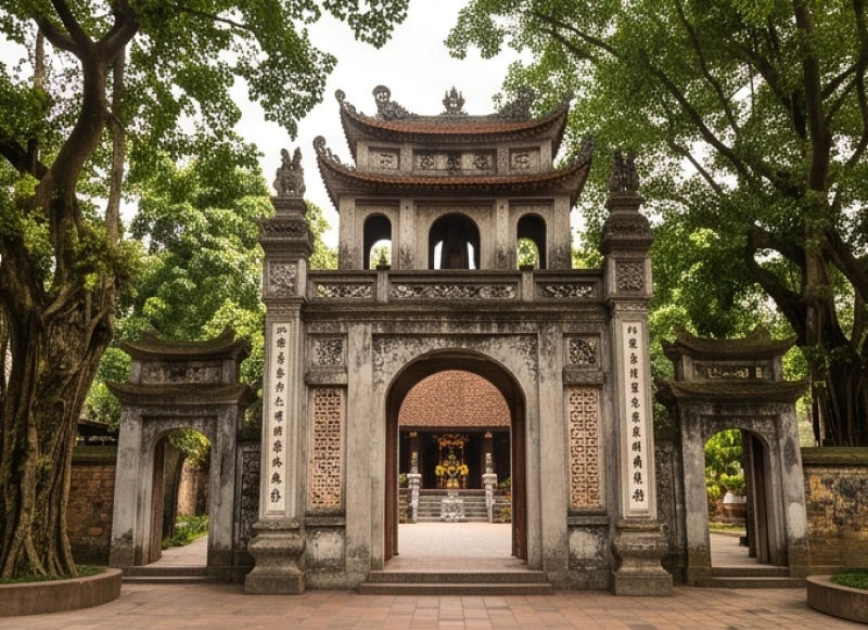 Kiến trúc cổ kính của Cổng Tam quan với ba lối đi phân định rõ ràng giữa chốn linh thiêng và đời thực