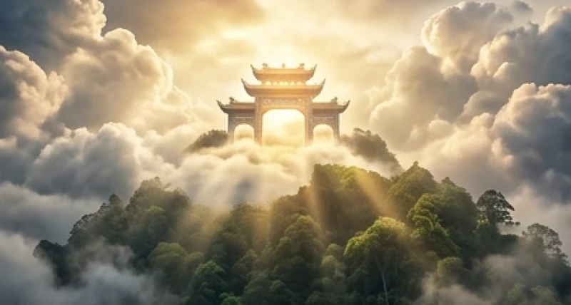 Cổng Thiên Cung rực rỡ ẩn hiện trong mây với luồng ánh sáng huy hoàng chiếu rọi xuống trần gian