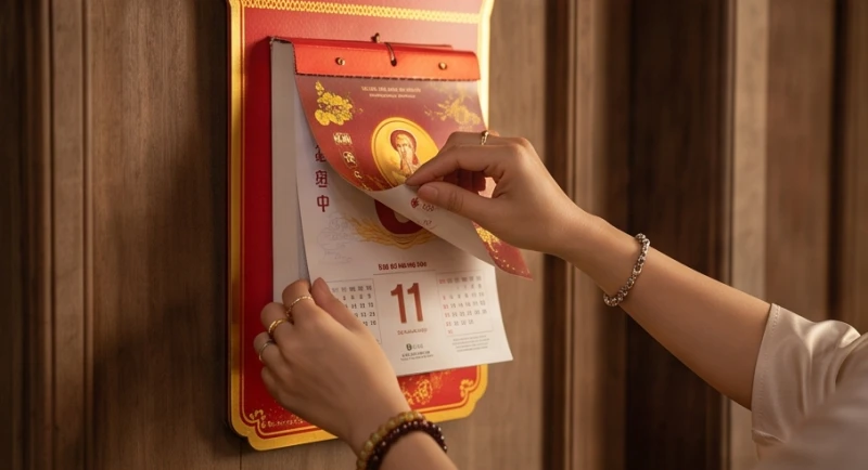 Tuổi mụ là gì: Quy tắc tính chuẩn, năm nhuận và bảng tra cứu 4 Một tờ lịch bloc đang được bóc để lộ ngày đầu năm mới, tượng trưng cho bước chuyển tuổi mụ của đời người
