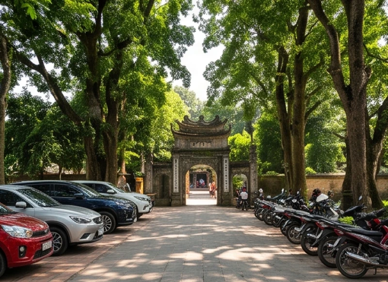 Văn khấn Đền Lảnh Giang: nguyên văn chuẩn và thứ tự dâng lễ 4 Lối vào rợp bóng mát tại Đền Lảnh Giang với dòng xe hành hương dừng đỗ có trật tự