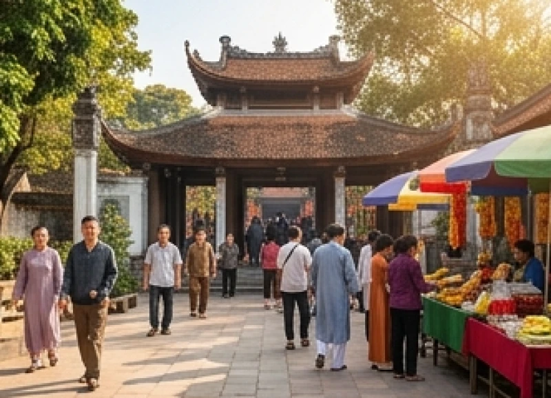 Văn khấn lễ hội Đền Lảnh Giang: Bài cúng chuẩn và sơ đồ hành lễ 3 Lối vào đền tấp nập du khách thập phương đến dâng hương vào dịp rằm tháng sáu âm lịch