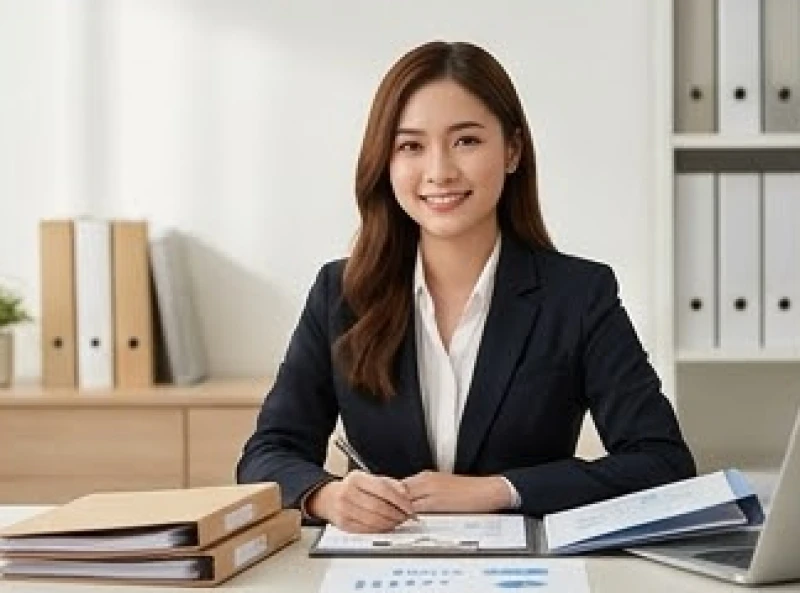 Nữ doanh nhân mỉm cười tự tin bên cạnh bàn làm việc với các dự án thành công