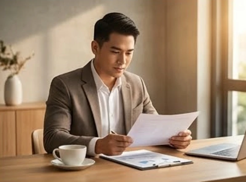 Người đàn ông mặc vest lịch lãm đang tự tin xem xét hồ sơ công việc tại văn phòng hiện đại