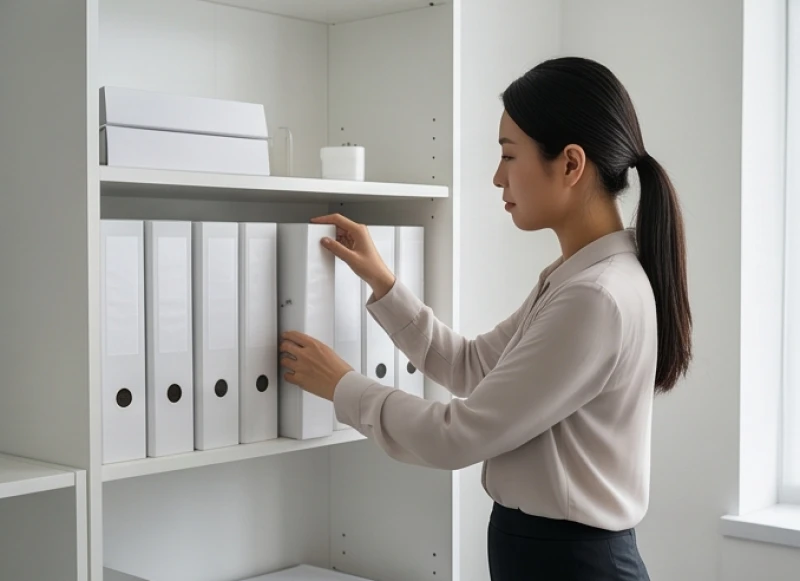 Nhân viên khối hành chính nhân sự đang sắp xếp hồ sơ lưu trữ một cách ngăn nắp và bình yên trong không gian văn phòng