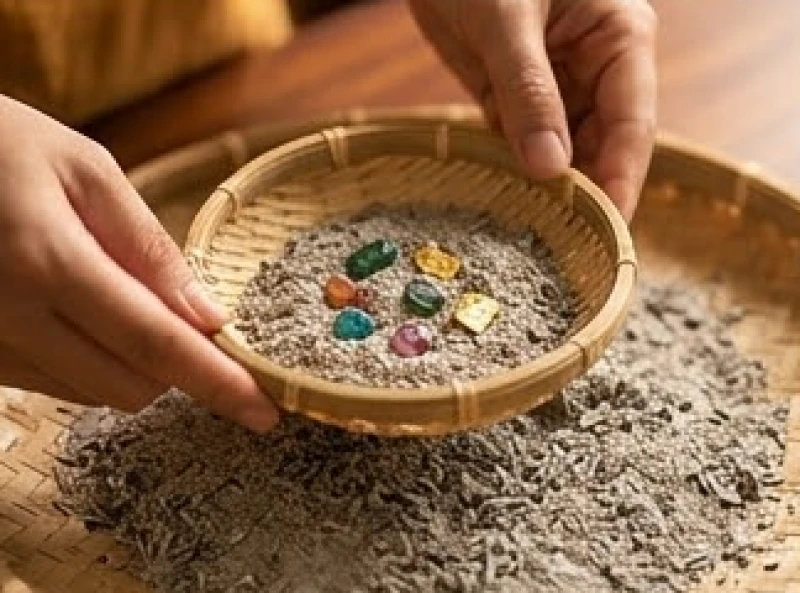 Đôi tay dùng rá rây lọc bỏ cặn chân hương để tìm lại gói cốt thất bảo bên dưới lớp tro