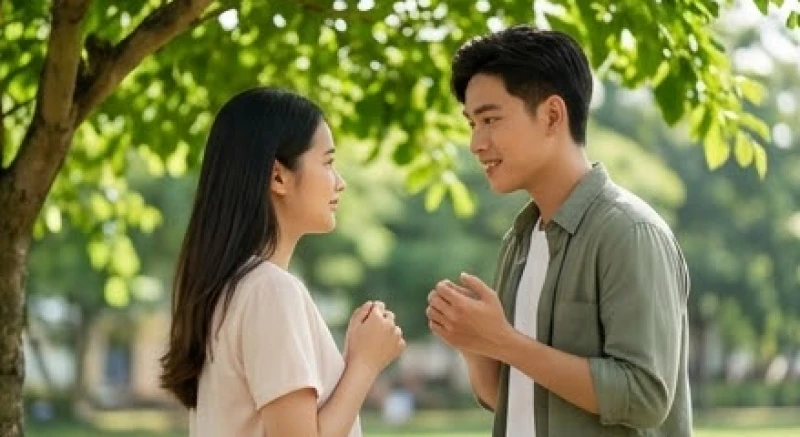 Chàng trai Việt Nam đang chân thành thổ lộ tình cảm với cô gái dưới tán cây xanh mát