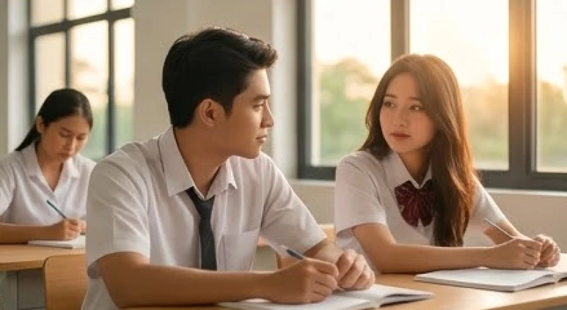 Cảnh lớp học quen thuộc nơi chàng trai đang lén nhìn cô bạn cùng bàn với ánh mắt thiện cảm