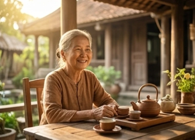 Tử vi trọn đời tuổi Nhâm Ngọ 1942 nữ mạng: Mốc hạn tuổi hạc 4 Cụ bà mỉm cười hiền từ khi ngồi sưởi nắng sớm bên bộ bàn trà gỗ đặt sát hiên nhà thoáng đãng