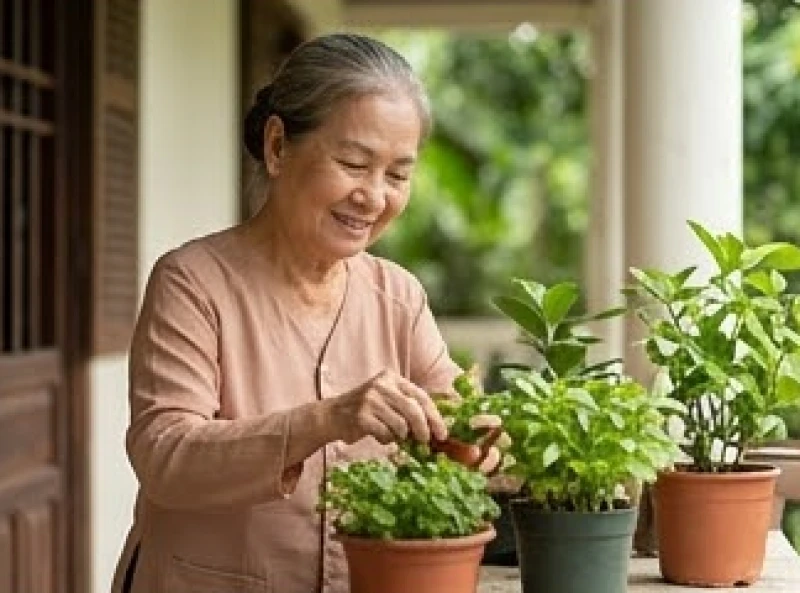 Cụ bà 84 tuổi cười hiền hậu khi đang chăm sóc những chậu cây cảnh nhỏ ngoài hiên nhà