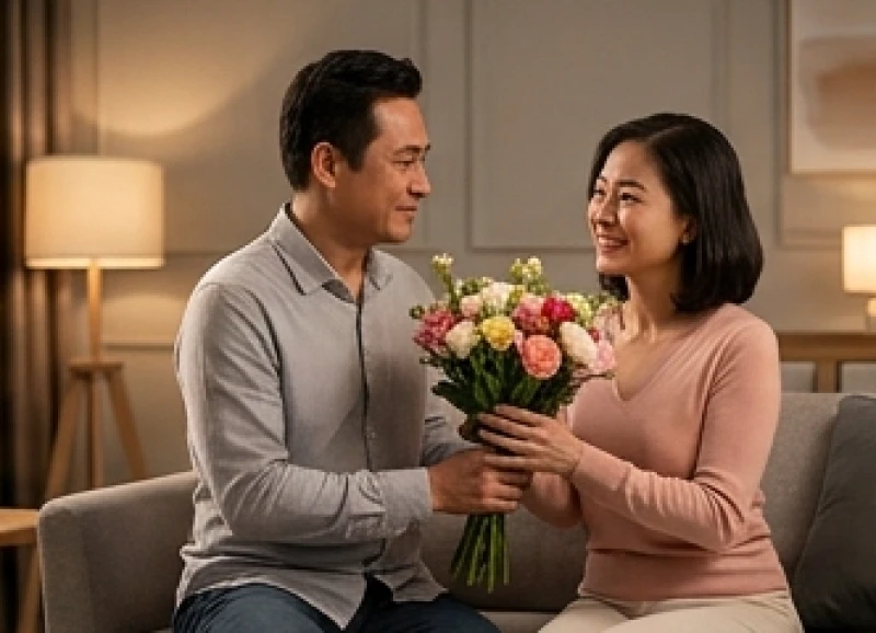 Người chồng ân cần tặng một bó hoa tươi cho vợ tại phòng khách thể hiện sự quan tâm tinh tế trong hôn nhân