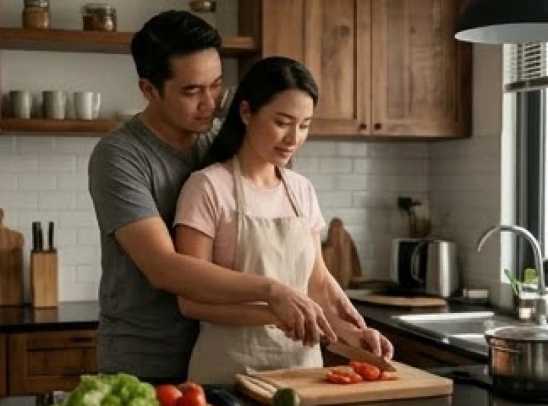 Người chồng ôm vợ nhẹ nhàng từ phía sau khi cô ấy đang tập trung nấu ăn trong không gian bếp