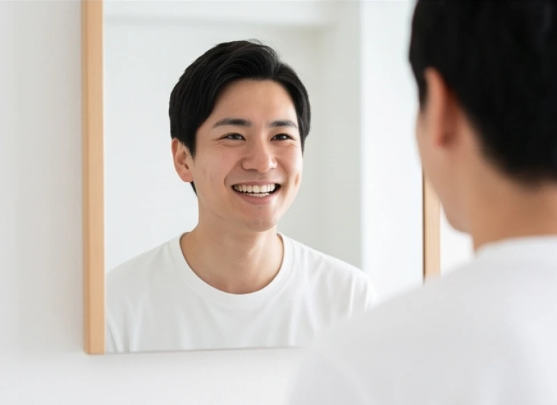 Má trái giật là điềm gì? Ý nghĩa tâm linh nam nữ và y khoa 8 Một thanh niên đang thử nhíu mày và mỉm cười trước gương để kiểm tra khả năng vận động của cơ mặt.